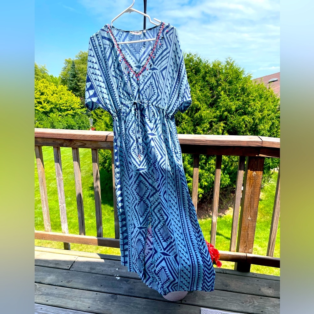 Dolma sheer Cotton Maxi Boho Beachy Lounge Dress size L Royal and Denim Blues